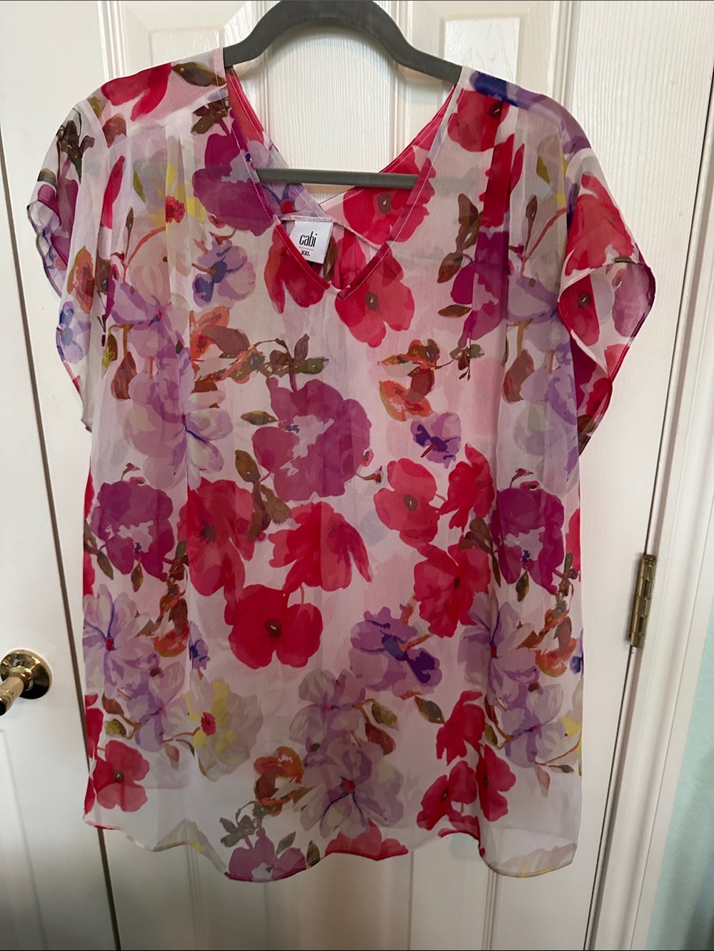 CAbi Sheer Floral V-Neck Blouse in Pink, Purple and Red